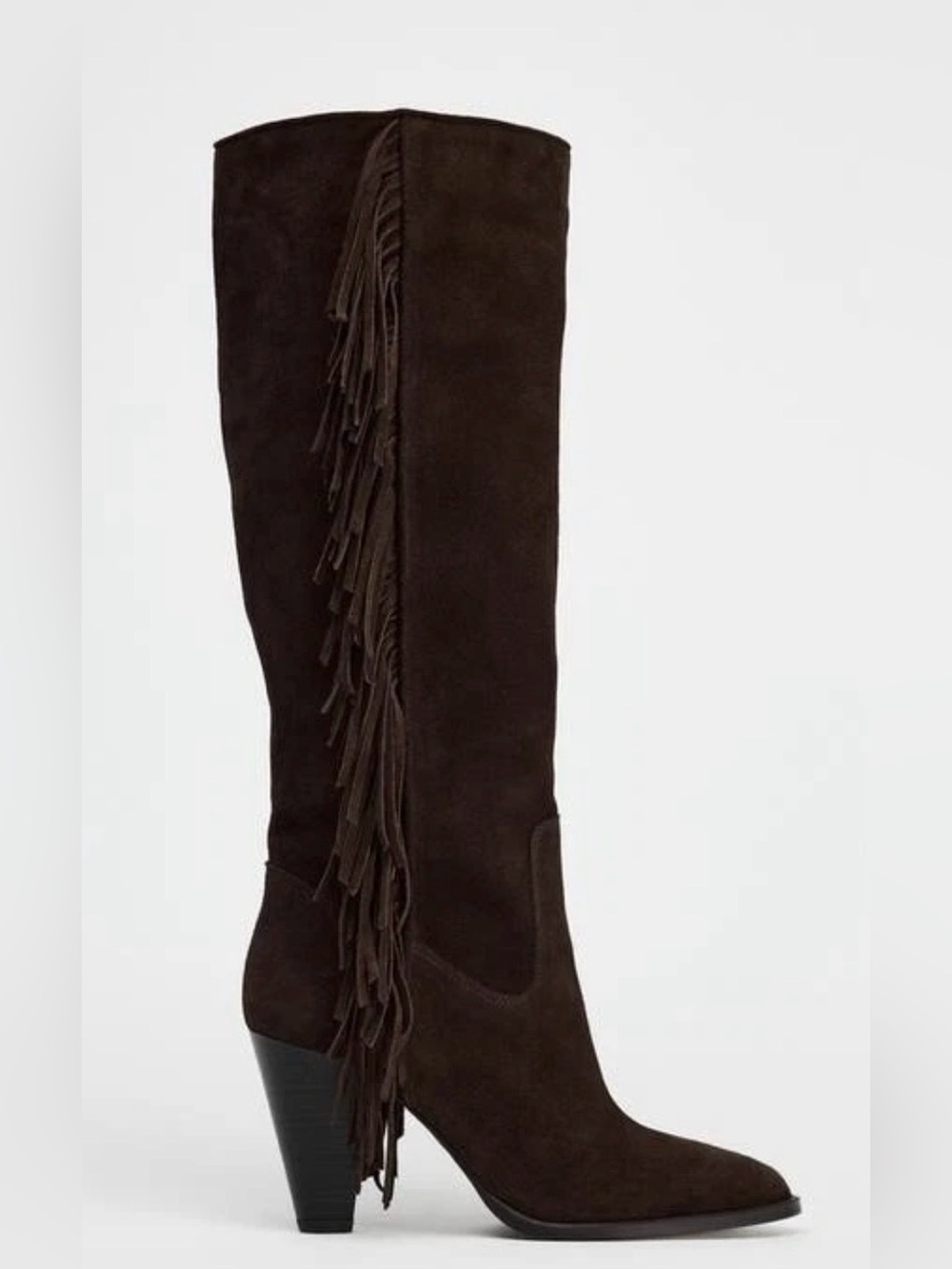 NWT - Zara Suede Fringed Over-the-Knee Boot in Dark Brown - 38